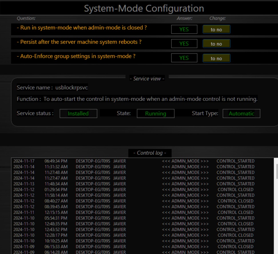 System-Mode Configuration Panel Screenshot